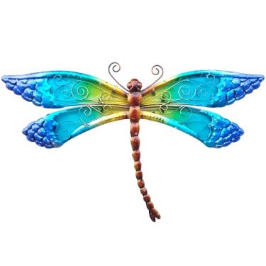 Imagem de POXOHO Decoração de parede feita à mão de libélula de metal e vidro - Arte de cerca de jardim ao ar livre - Arte de parede cênica rústica de 38 x 21,8 cm para pátio, quarto, banheiro decoração