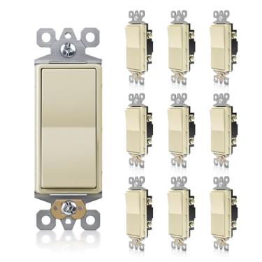 Imagem de TOPELER Pacote com 10 interruptores de luz de polo único, interruptor de parede basculante, 15A 120/277V, interruptor liga/desliga, interruptor de grau residencial autônomo, marfim