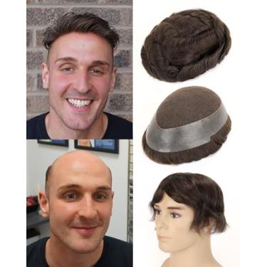 Imagem de BEEOS Peruca masculina Australia Toupee Hair for Men, 20 x 25 cm com PU transparente em torno da base, sistema de substituição de cabelo humano indiano Remy masculino 130% densidade #5 marrom