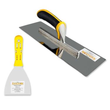 Imagem de Desempenadeira Rígida Inox 35x13cm para Massa Corrida + Espátula 10,16Cm Evolution Inox Acabamentos Cor Amarelo/Preto Profissional Kit