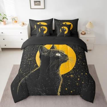 Imagem de Conjunto de edredom de gato preto, 7 peças, boêmio, lua, tamanho Queen, ultramacio, boêmio, gatinho, preto e amarelo, com edredom, lençóis, fronhas e capa de almofada, decoração de quarto