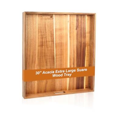 Imagem de Bandeja quadrada extra grande de madeira de 76 cm – Bandeja de otomana de madeira de acácia com alças, bandeja de servir rústica para sala de estar, cozinha e mesa de centro, bandejas de madeira para