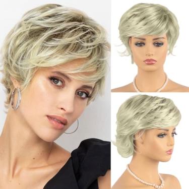 Imagem de Perucas loiras curtas com franja loira corte Pixie Perucas para mulheres brancas aparência natural perucas sintéticas de cabelo curto para mulheres