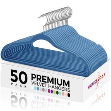 Imagem de Cabides de veludo HOUSE DAY Premium, pacote com 50, azuis antiderrapan