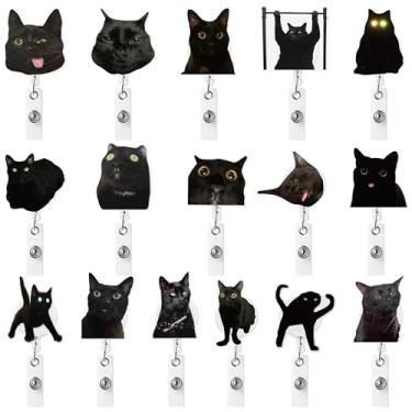 Imagem de Eartim Carretel de crachá de meme de gato preto - 16 peças engraçado, meme de gato, crachá retrátil de acrílico com clipe de metal, suporte de etiqueta de nome de animal fofo para crianças