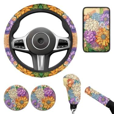 Imagem de WUYOJUXA Flor 6 peças acessórios de carro para mulheres impressão de crisântemo capa de volante capa de apoio de braço carro freio de mão coer auto conjuntos interiores
