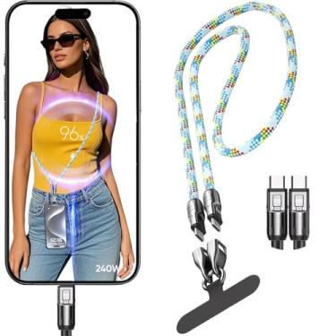 Imagem de Ephoou Cabo USB-C 2 em 1, alça de carregamento rápido e transferência de dados de 240 W, cabo transversal tipo C para Samsung Galaxy S25 S24, Android, Pixel, iPhone 16 – Azul