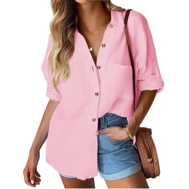 Imagem de Camisa HOTOUCH Linen 100% algodão e gaze para mulheres rosa tamanho S