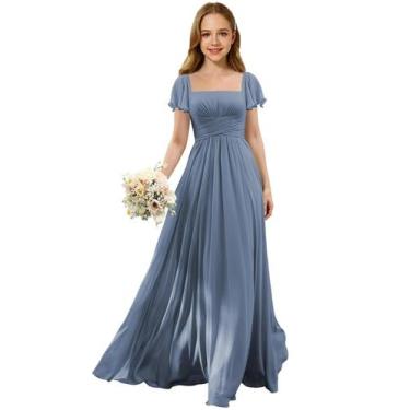 Imagem de Vestido Augday Steel Blue Chiffon para meninas, festa de casamento de 
