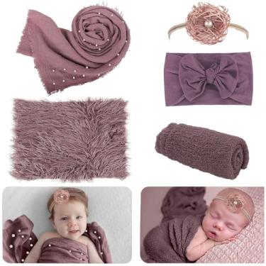 Imagem de AOKE Kit de 5 peças de adereços para fotografia de recém-nascidos, adereços para fotos de recém-nascidos, cobertor faça você mesmo com faixas de cabeça de flores, conjunto de tapetes de fotografia de