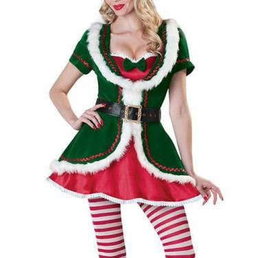 Imagem de MBZJSDKHLK Women Christmas Elf Costumes Sexy Short Sleeve Velvet Dress with Belt Cute Hat Set for Xmas Cosplay Party Outfits (A-Green, XL)