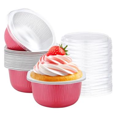 Imagem de Beasea Copos de panificação com tampas, pacote com 25 445 ml, 445 ml, alumínio, redondo, descartável, folha pequena, ramequins para forno, muffin, formas de cupcake para festas, negócios, porção