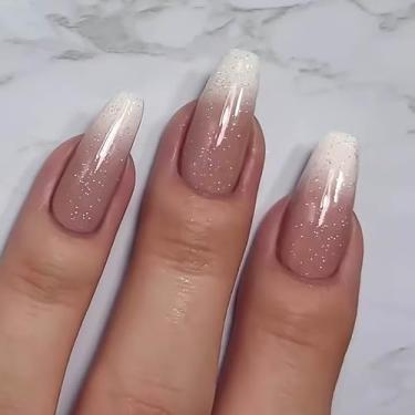 Imagem de RUOKEXIN Unhas postiças de comprimento médio, unhas postiças ombres com design de glitter, unhas artificiais de acrílico brilhante, cola completa nas unhas, 24 peças