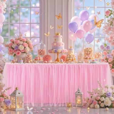 Imagem de Saia de mesa de tule rosa de 2,8 m de comprimento para mesas retangulares, saia de mesa de tule de 2 camadas com babados em tecido tutu para chá de bebê, menina, festa de aniversário, casamento