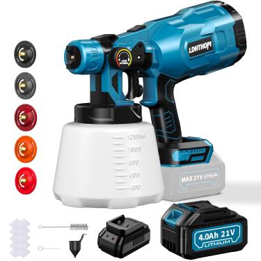 Imagem de LDHTHOPI Pulverizador De Tinta Sem Fio, Pistola De Pulverização De Tinta De 1200 Ml Alimentada Por Bateria, 5 Bicos De Cobre, 3 Padrões De Pulverização, 10 Funis De Papel Para Parede, Cerca, Metal,