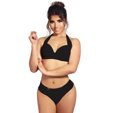 Imagem de Biquíni meia taça plus size e calcinha fio dental - Estigma, M, Preto