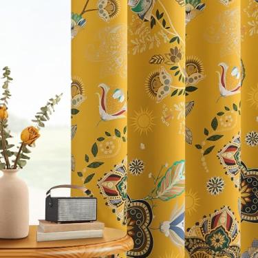 Imagem de Cortinas e cortinas blackout florais vintage amarelo mostarda 224 cm para sala de estar quarto estilo boho meados do século colorido botânico flor folha impressa ilhós cortinas escurecimento quarto 2