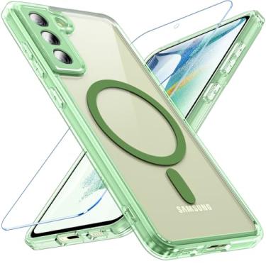 Imagem de Hensinple Capa magnética para Samsung Galaxy S21 FE 5G, S21 FE com protetor de tela [compatível com MagSafe], capa protetora fina à prova de choque traseira fosca para Samsung S21 FE, verde