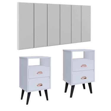 Imagem de Cabeceira Suspensa Painel Encosto Cama 1,40 Julia Kit 2 Mesa Apoio Canto Gaveta Nicho Organizador Classic New Decoração Quarto Casal-RPM