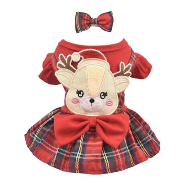 Imagem de FLAdorepet Vestido de Natal para cães de rena com laço de cabelo, fantasia de chifres de gato de estimação, roupas de férias, vestidos de saia xadrez vermelha clássica para cachorros pequenos e médios