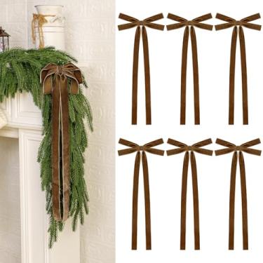 Imagem de Conjunto de 6 laços de veludo de Natal rústicos pré-fabricados com coroa de flores com cauda longa, ornamentos de Natal vintage para topo de árvore, guirlanda, lareira, escadas, decoração de porta, 20