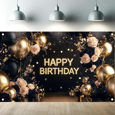 Imagem de Saoplasa Banner de fundo de feliz aniversário dourado preto elegante rosa floral balão fotografia fundo de luxo decoração de festa de aniversário banner adereços para cabine de fotos 180 x 109 cm