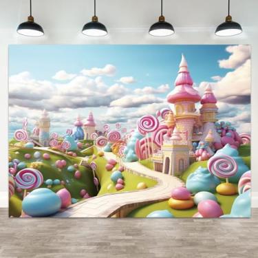 Imagem de ASDCXZ 3 x 2 m Candyland pano de fundo fantasia castelo de doces fotografia fundo doce pirulito sonho céu azul nuvem branca decoração de aniversário infantil chá de bebê recém-nascido retrato cabine