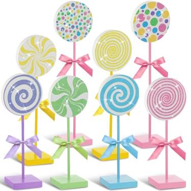 Imagem de Amyhill 8 peças de decoração de mesa de madeira de doces de Natal com glitter para mesa de bengala de doces de Natal placa central para bandeja de Natal em camadas para decoração de festa de