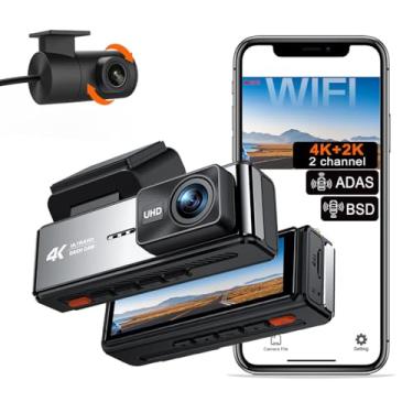 Imagem de Câmera veicular WiFi 4K para carros, câmera frontal e traseira DVR, controle de aplicativo WiFi integrado, detecção de ponto cego do rastreador GPS, tecnologia ADAS com tela de 9 cm, visão noturna