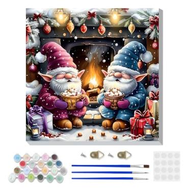 Imagem de DOMROM Kit de pintura emoldurada de Natal por números para adultos com cavalete de madeira, kit de pintura de gnomo por números para iniciantes, kits de pintura a óleo DIY para decoração de parede de