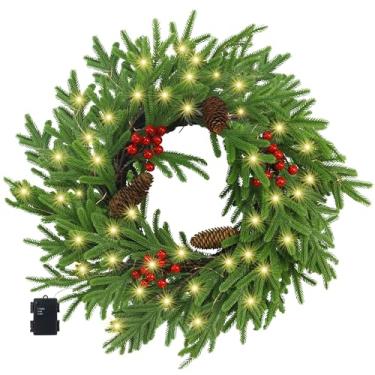 Imagem de Goldshire Guirlanda de Natal de 51 cm para porta da frente, guirlanda de pinheiro Norfolk de toque real com guirlanda de vegetação artificial leve e realista com pinhas e frutas vermelhas para