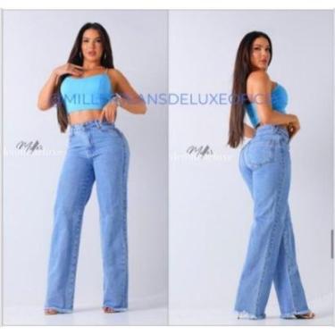 Imagem de Calça Jeans Claro Wid Leg Barra Desfiada Cintura Alta Miller Cor:;Tamanho:38-Feminino
