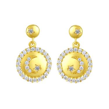 Imagem de Efashion Brincos vintage clássicos de prata esterlina 925 banhados a ouro 14K com padrão de estrela e lua para meninas, Medium, Ouro amarelo, Zircônia cúbica