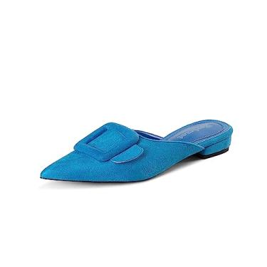 Imagem de Fericzot Pantufas Mule para mulheres, mocassim de camurça, sem cadarço, bico fino, bico fino, sem costas nuas, Azul, 35