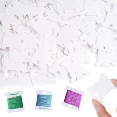 Imagem de 100 bobinas de fio dental de plástico bordado, organizador de carretel de linha de ponto cruz para costura e armazenamento de artesanato DIY (branca)