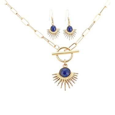 Imagem de REEBOOOR Colar delicado com pingente de gota barroca de corrente de ouro 18 K, conjunto de brincos de colar de lápis-lazúli, turquesa, moderno, colar, brincos, colar fofo, joia minimalista, Large