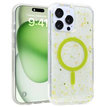 Imagem de Fourmor Capa magnética feminina para iPhone 15 Pro (compatível com MagSafe), capa ultrafina transparente com estampa floral e glitter dourado, cantos à prova de choque e airbag