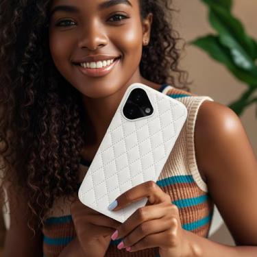 Imagem de Capa de telefone para iPhone 16Plus, traseira semelhante a couro e moldura de silicone - design de couro vegano, capa protetora feminina antiderrapante branca