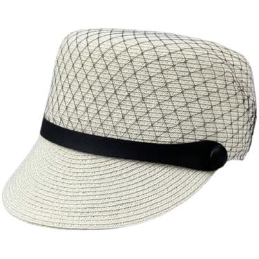 Imagem de Chapéu feminino de palha fina de malha de verão chapéu de palha chapéu de palha feminino viagem proteção solar chapéu de sol bege tamanho único cerca de 57 cm