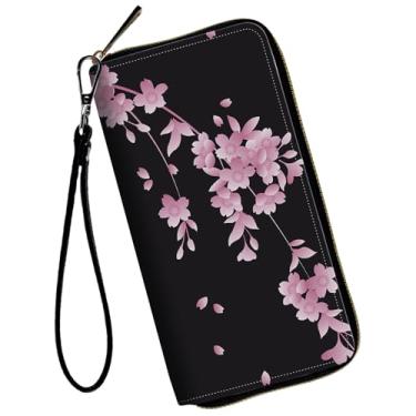 Imagem de WZCJDHMJ Carteiras femininas, bolsa clutch de grande capacidade para mulheres, carteira masculina e feminina, porta-cartão de crédito, bolsa de mão de couro sintético, Flores de cerejeira, Casual