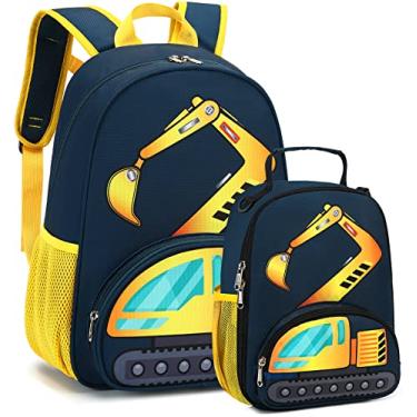 Imagem de Mochila para crianças, meninos, meninas, pré-escolar, jardim de infância, conjunto com lancheira, mochila escolar infantil, Estrutura A-escavadeira - azul-marinho, Small, Bonito