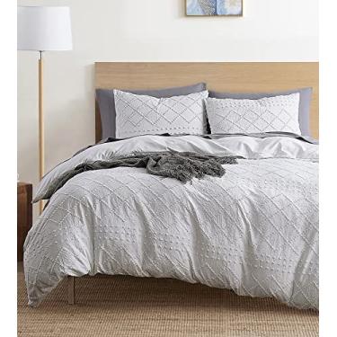 Imagem de Nestl Conjunto de capa de edredom Boho Bedding King Tufted com enchimento de edredom alternativo acolchoado – branco diamante – Conjunto texturizado de 4 peças inclui capa de edredom com enchimento e