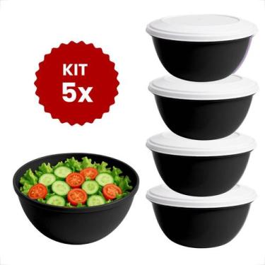 Imagem de Kit 5 Peças Saladeira Oval Potes Plástico com Tampa Branca Cozinha BPA