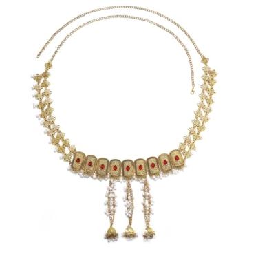 Imagem de Cinto indiano Jhumka Jhumki simulado pérola com contas de cintura pendurado oxidado tradicional Bollywood sino longo borla acessórios de barriga biquíni sexy correntes corporais ajustáveis boho joias