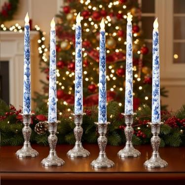 Imagem de Kittmip 6 peças de velas afuniladas de Natal azevinho sem chama, 28 cm de comprimento, branco, azul, operado por pilhas, enfeite de LED para pendurar pinhas, velas de pinheiro, mesa de centro de mesa