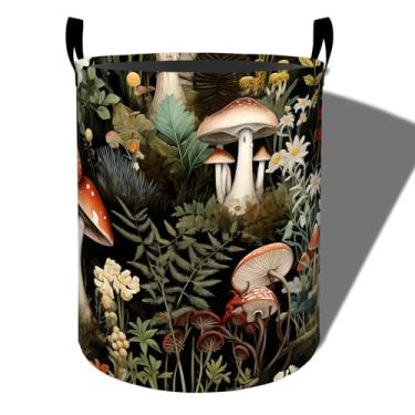 Imagem de amepay Cesta de roupa suja de cogumelo florestal, pano Oxford dobrável com design de flores, cesto de roupas sujas à prova d'água com alças, organizador de brinquedos para banheiro, quarto, dormitório
