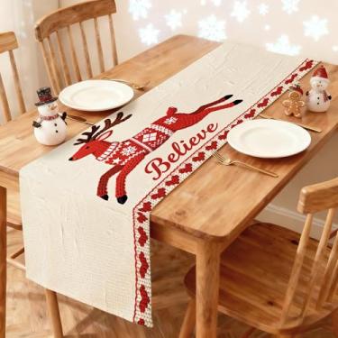 Imagem de Caminho de mesa de Natal 33 x 91 cm - Decoração de mesa de jantar de cozinha de inverno impressa rena de Natal e padrões festivos corredor para decoração de casa de férias festivas