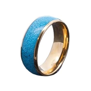 Imagem de Luxuoso anel de noivado de casamento em aço inoxidável dourado de 8 mm com imitação de cúpula turquesa embutida, joia perfeita para presente de Natal para homens e mulheres