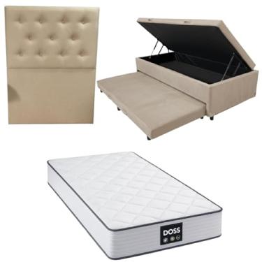 Imagem de Cama Box Baú Solteiro com Auxiliar (Bicama) + Colchão Doss Molas Ensacadas 30cm | Kit Completo com Cabeceira Botonê Opcional | Diversas Cores (3, SUEDE BEGE, COM CABECEIRA)