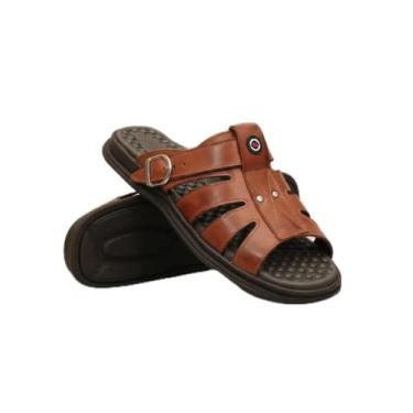 Imagem de Sandália de Couro Masculina, Marrom e Preta, Tiras Ajustáveis com Fivela, Sola Antiderrapante, Conforto para Uso Diário (Marrom, BR, Adulto, Numérico, 39)